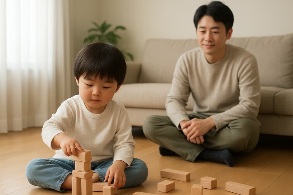 一人で穏やかに遊ぶ子どもと、その様子を見守る親の姿