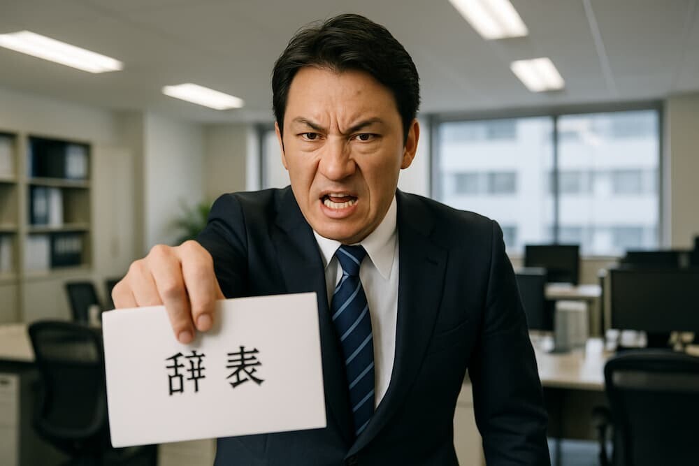 オフィスで怒りの表情を浮かべながら辞表を提出する日本のビジネスパーソン