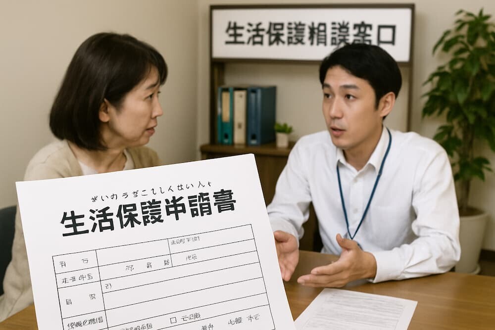 日本の生活保護申請書と相談窓口の様子 イメージ