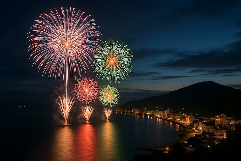 浅虫温泉花火大会の夜景とむつ湾の風景 イメージ
