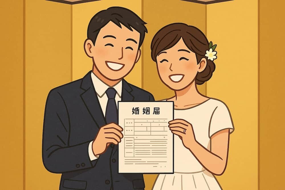 役所の記念撮影用金屏風の前で、幸せそうに婚姻届を持つカップルのイラスト