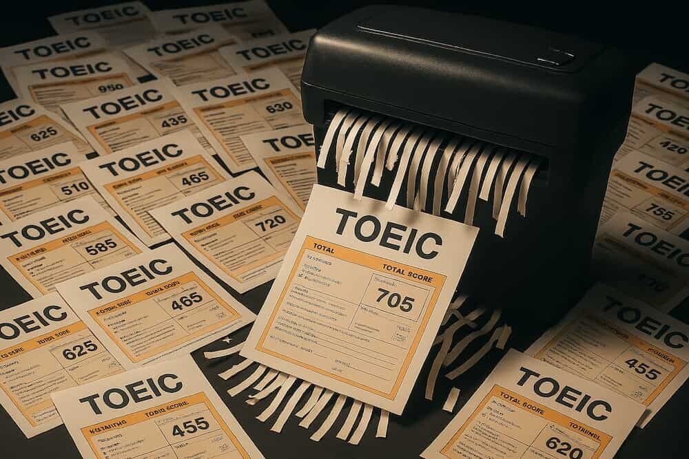 多数のTOEICスコアシートがシュレッダーにかけられている、衝撃的なイメージ