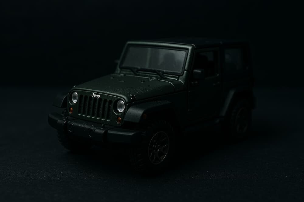 暗い背景に置かれたJeepのミニカー