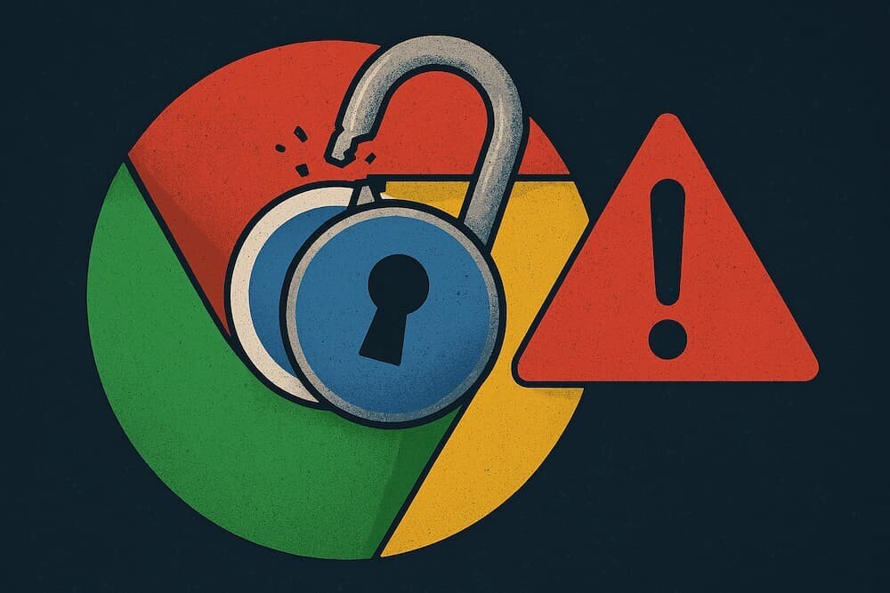 錠が壊れたGoogle Chromeのロゴと警告マークを組み合わせた、サイバーセキュリティをテーマにしたイラスト