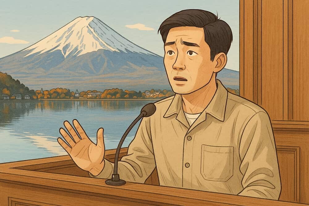 法廷で証言する被告と富士山を背景にした河口湖の風景の合成イメージ