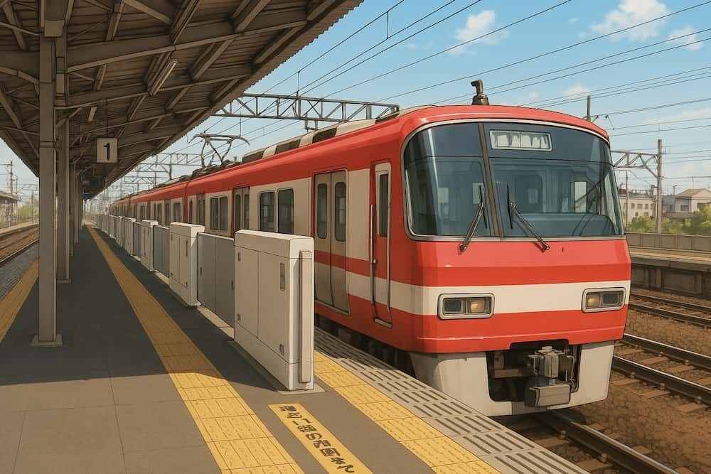 名鉄犬山線の駅ホーム安全対策設備と電車