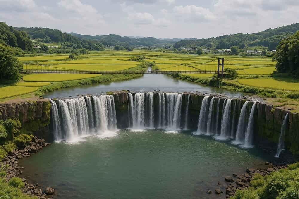 原尻の滝の全景(幅120mの滝と滝つぼ、周囲の田園風景、吊り橋が見える構図)