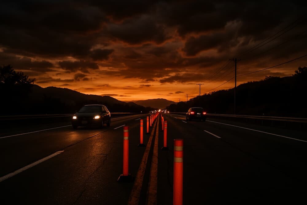 暫定2車線の高速道路でセンターポールのみで区切られた対面通行の様子、夕方の危険な雰囲気