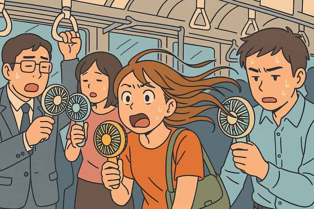 満員電車内でハンディファンを使用する人々の様子、髪の毛が巻き込まれそうになっている危険なシーン