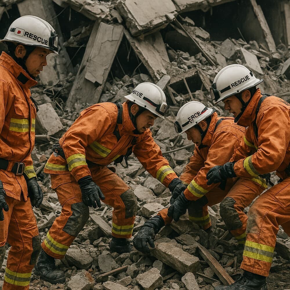 崩壊した建物の前で救助活動を行う消防隊員たちの緊迫した様子をイメージ