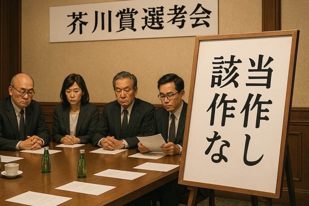 芥川賞選考会場の「該当作なし」の張り紙