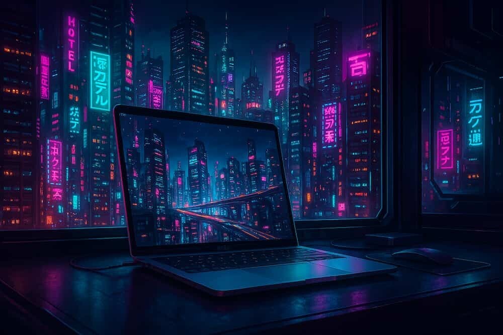 ナイトシティの夜景とMacBookが融合したサイバーパンクな未来的デスクトップ環境