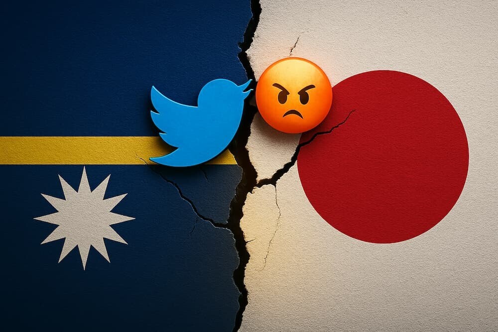 ナウル共和国の国旗と日本の国旗の間に大きな亀裂が走り、その亀裂からX(旧Twitter)の鳥のアイコンと怒りの絵文字が飛び出している、国際問題に発展したSNSトラブルを象徴するイメージ