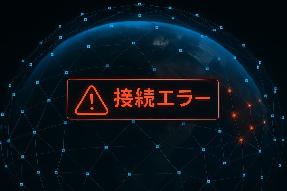 地球を覆う無数のスターリンク衛星のネットワークの一部が赤く点滅し、「CONNECTION ERROR」という警告表示が出ている、サイバーで未来的なイメージ