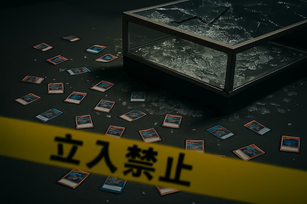 緊急事態のイメージ - 壊れたショーケースと散らばったトレーディングカード、警察の立入禁止テープ