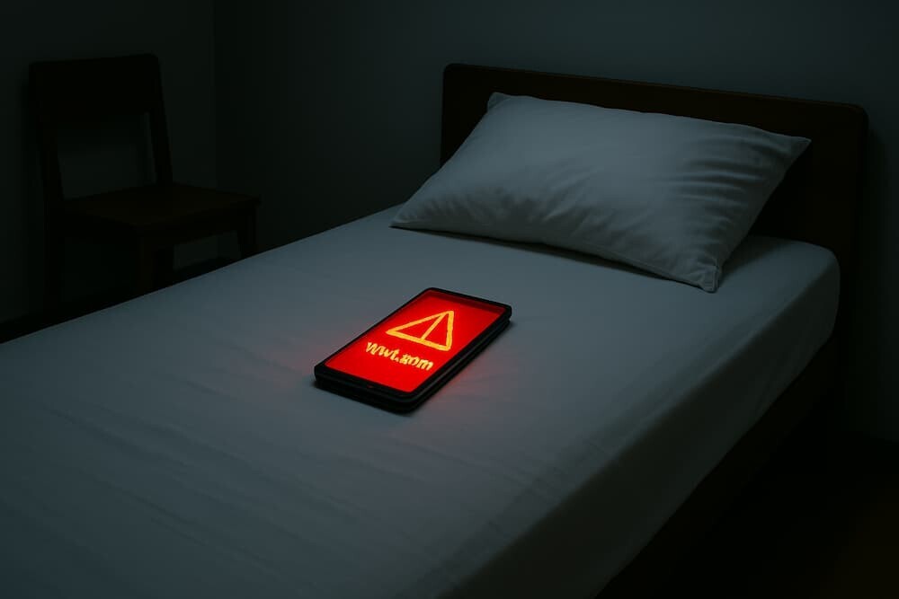 競馬場の調整ルームの薄暗い部屋のベッドの上に、ポツンと置かれたスマートフォンが警告のように光っているイメージ。禁止された行為と孤独感を象徴する