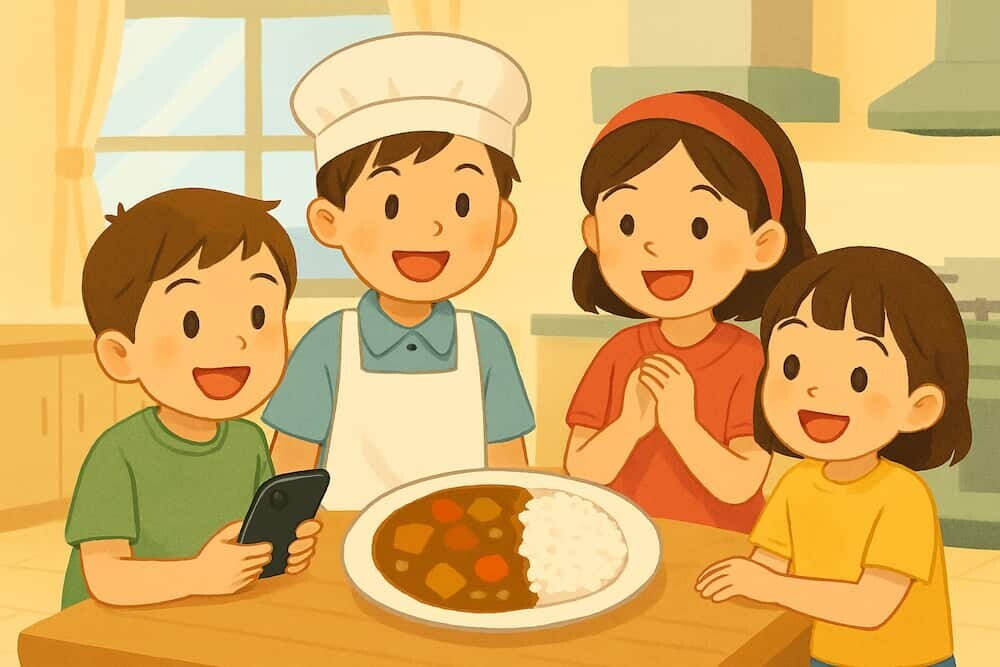 明るい家庭科室で、様々な学年の子どもたちが笑顔でカレーライスを囲んでいる、温かい雰囲気のイラスト