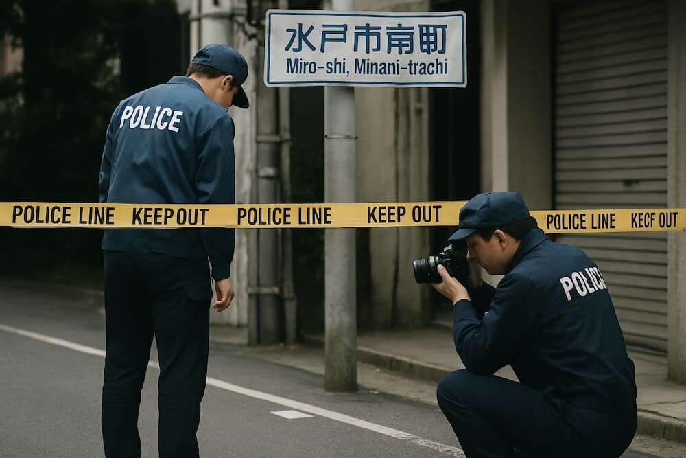 水戸市南町の事件現場付近を調べる捜査員の様子