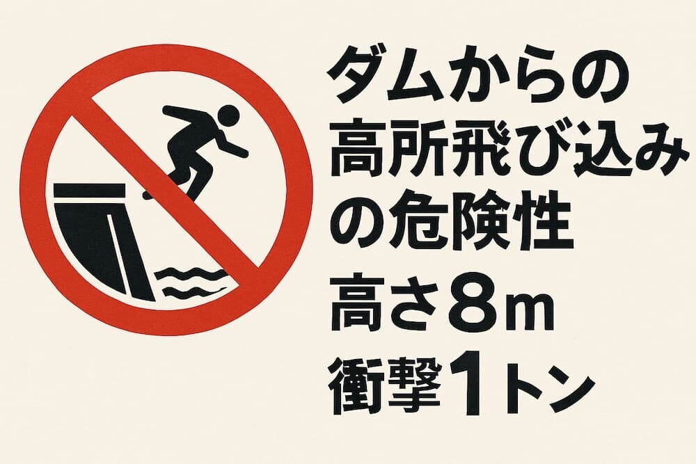ダムからの高所飛び込みの危険性を示すイラスト(高さ8m、衝撃1トンの文字入り)