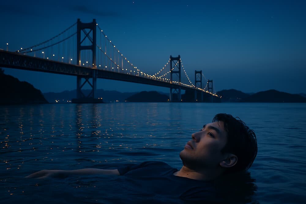 瀬戸内海の夜景と橋のシルエット、浮遊する人