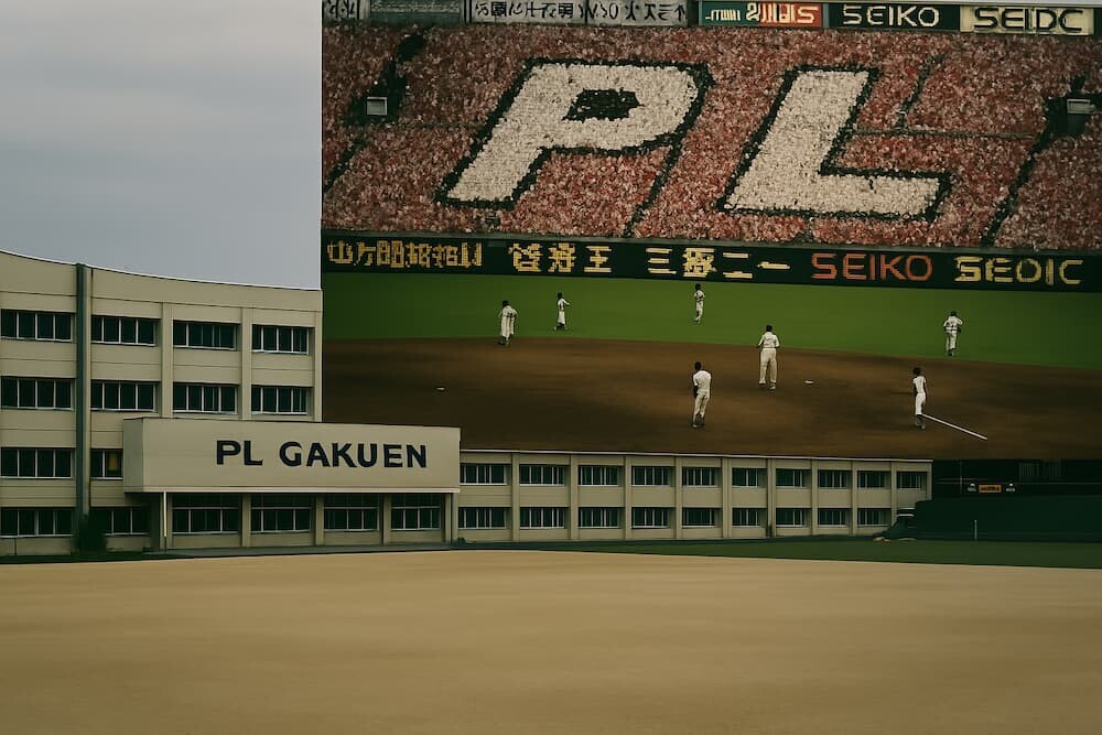PL学園の空っぽのグラウンドと校舎、対比として80年代甲子園での人文字応援シーン