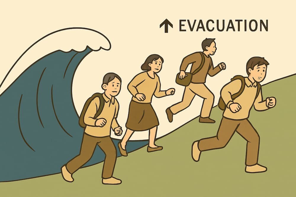津波から高台へ避難する人々を描いたシンプルなイラスト