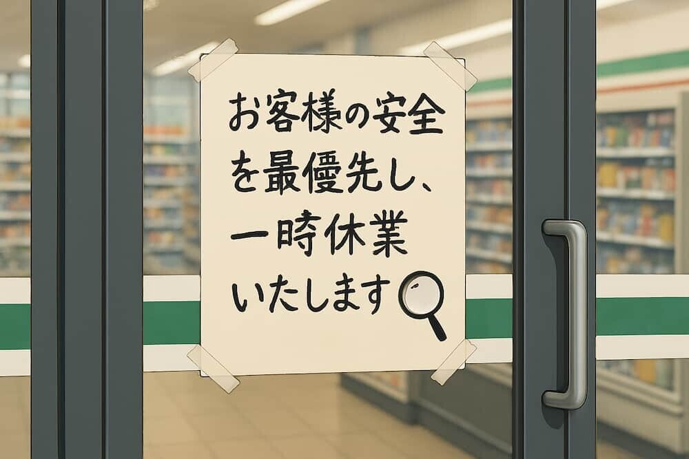 「お客様の安全を最優先し、一時休業いたします」という手書き風の貼り紙がされたコンビニのガラスドア。背景は少しぼかした店内が写っており、真摯な対応であることが伝わるイメージ