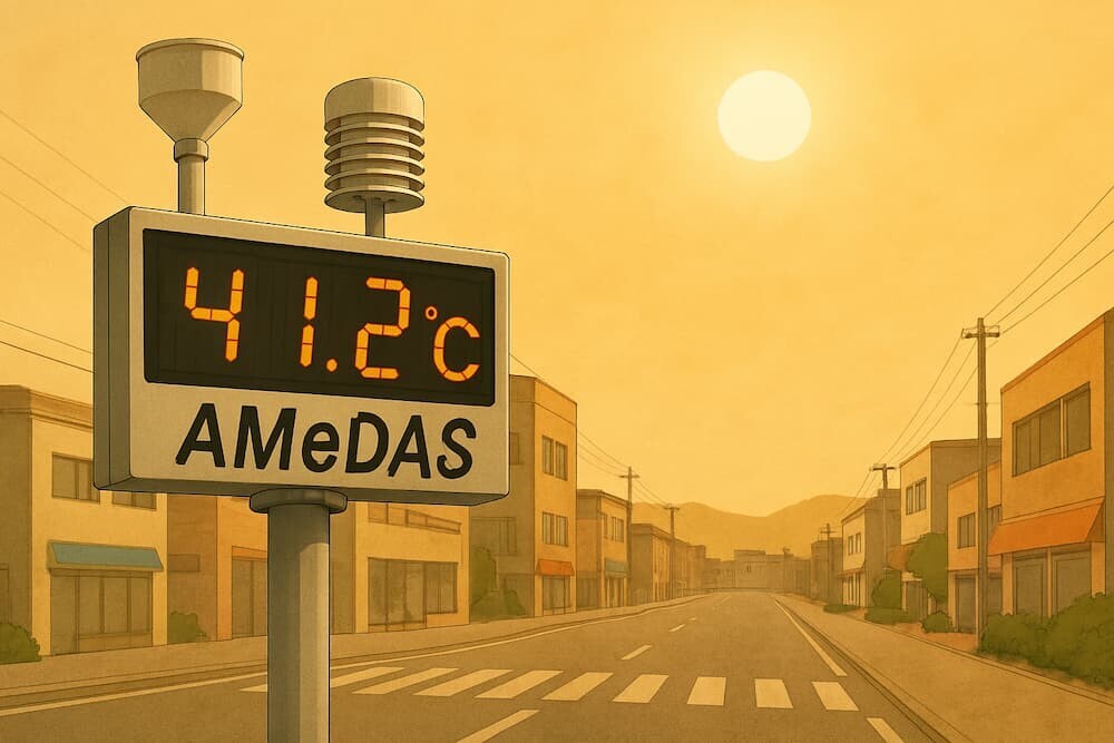 41.2℃を示すアメダス観測機器と猛烈な暑さの中の丹波市街地風景