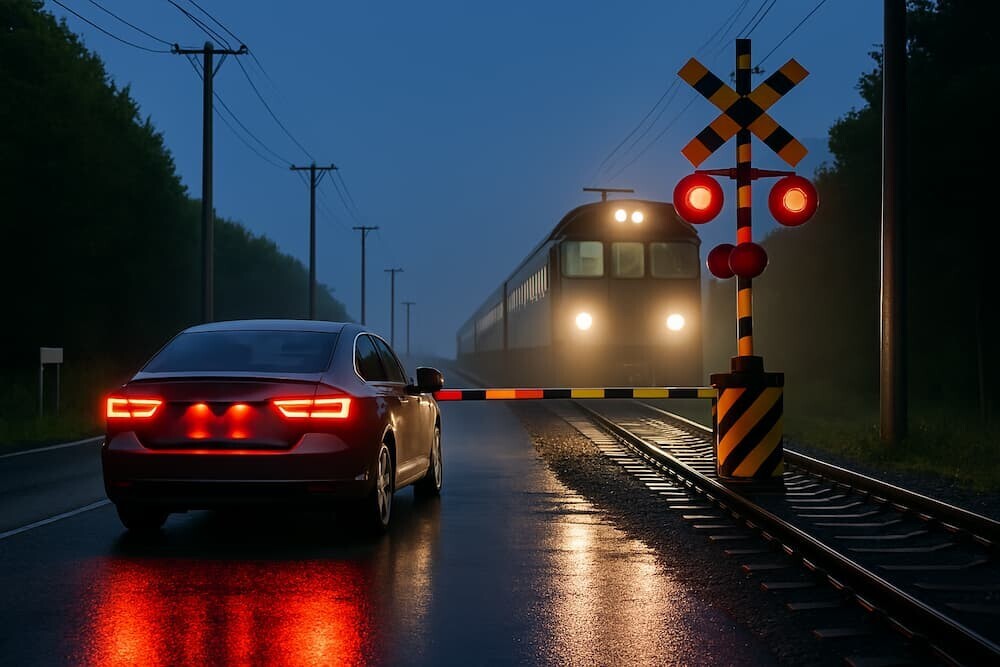 夜の踏切、去っていく車の赤いテールランプと、こちらに向かってくる列車のヘッドライトが対照的に描かれたイラスト