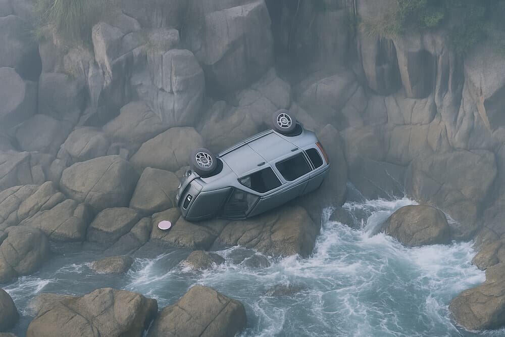 ガードレールのない細い崖沿いの道を一台の軽自動車が走って落下したイメージ