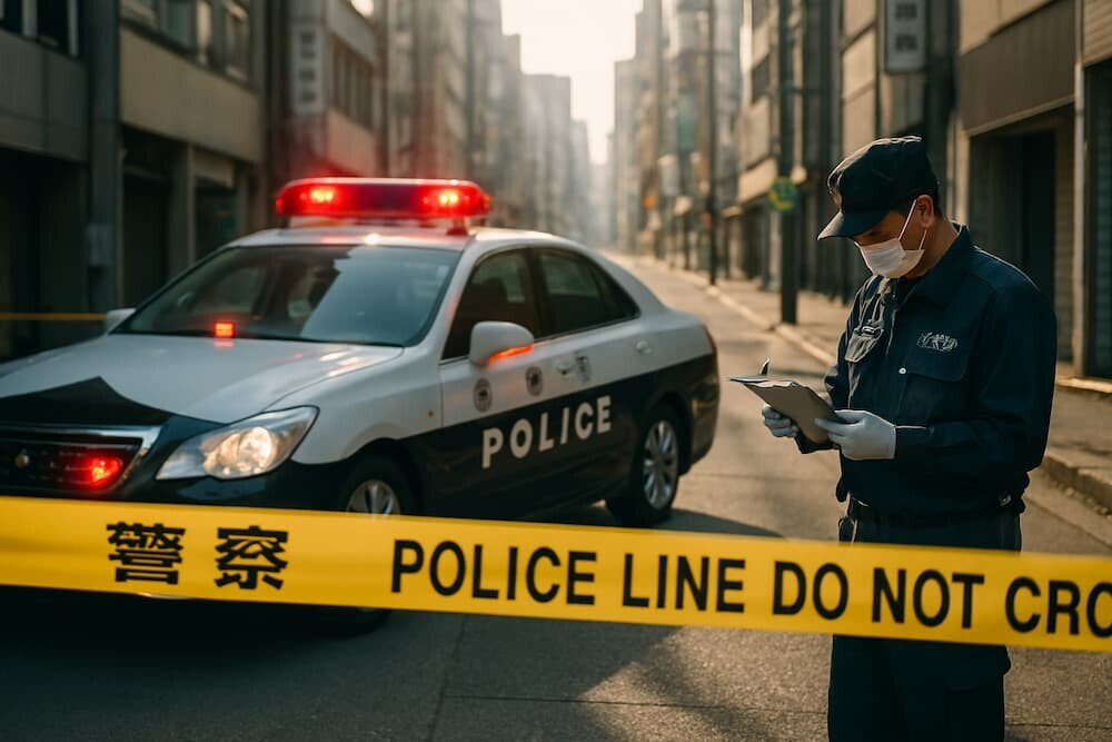 警察の規制線が張られた都会の雑居ビル街の路上。パトカーの赤色灯が光り、捜査員が現場検証している様子。朝の光が差し込んでいる。