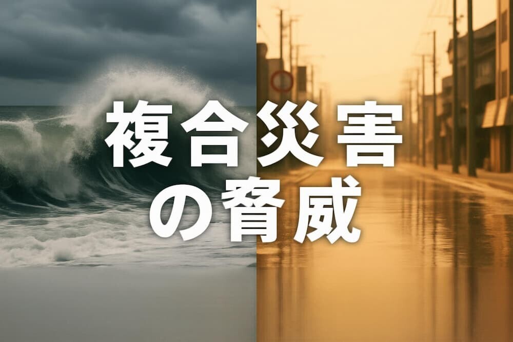 画面が二分割され、左には荒々しい波が海岸に打ち寄せる津波のイメージ、右には炎天下のアスファルトで陽炎が揺らめく猛暑のイメージ。中央に「複合災害の脅威」というテキスト。