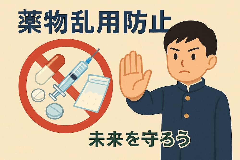 薬物乱用防止をイメージした教育的なイラスト(中学生の未来を守る概念図)