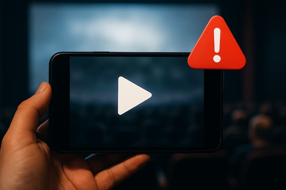 スマートフォンの画面に映る動画再生マークと、その背景にぼんやりと映る映画館のスクリーン。警告を示す赤いビックリマークのアイコンを合成