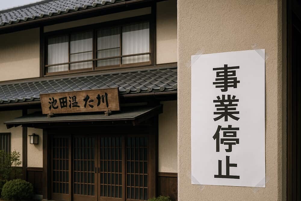 池田温泉旅館たち川の外観と「事業停止」の貼り紙 イメージ