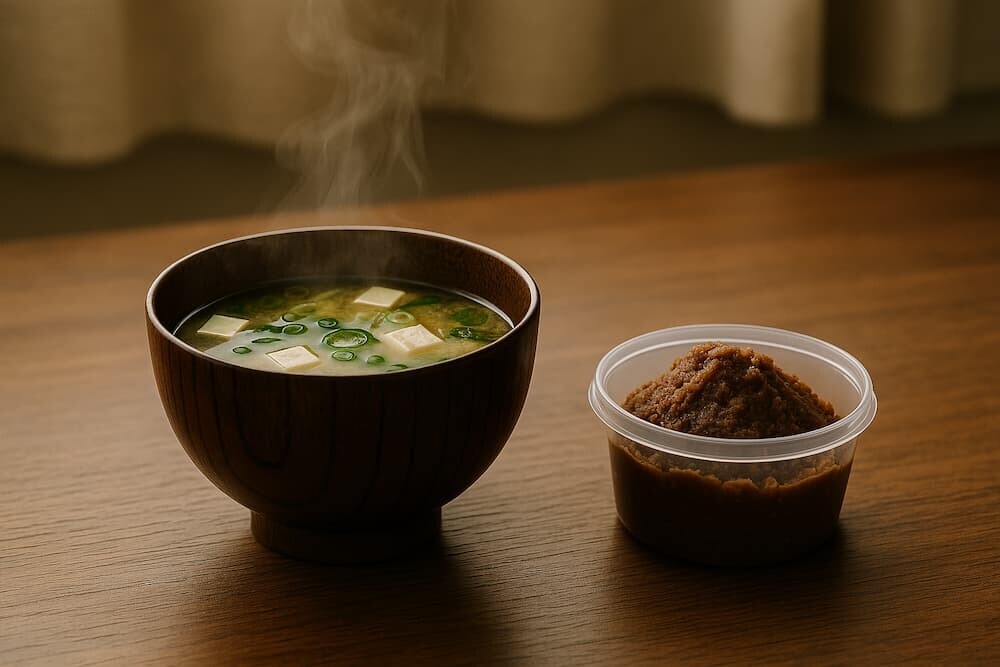 湯気が優しく立ち上る温かい味噌汁と、横に置かれた味噌。家庭的で落ち着いた雰囲気