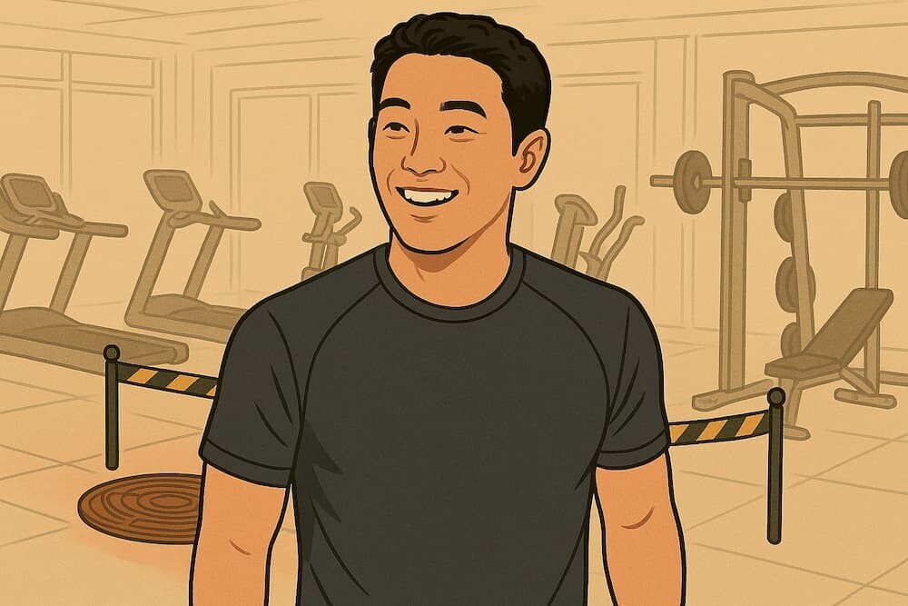 ジムのトレーニングウェア姿で、爽やかな笑顔を見せる30代男性のイメージイラスト