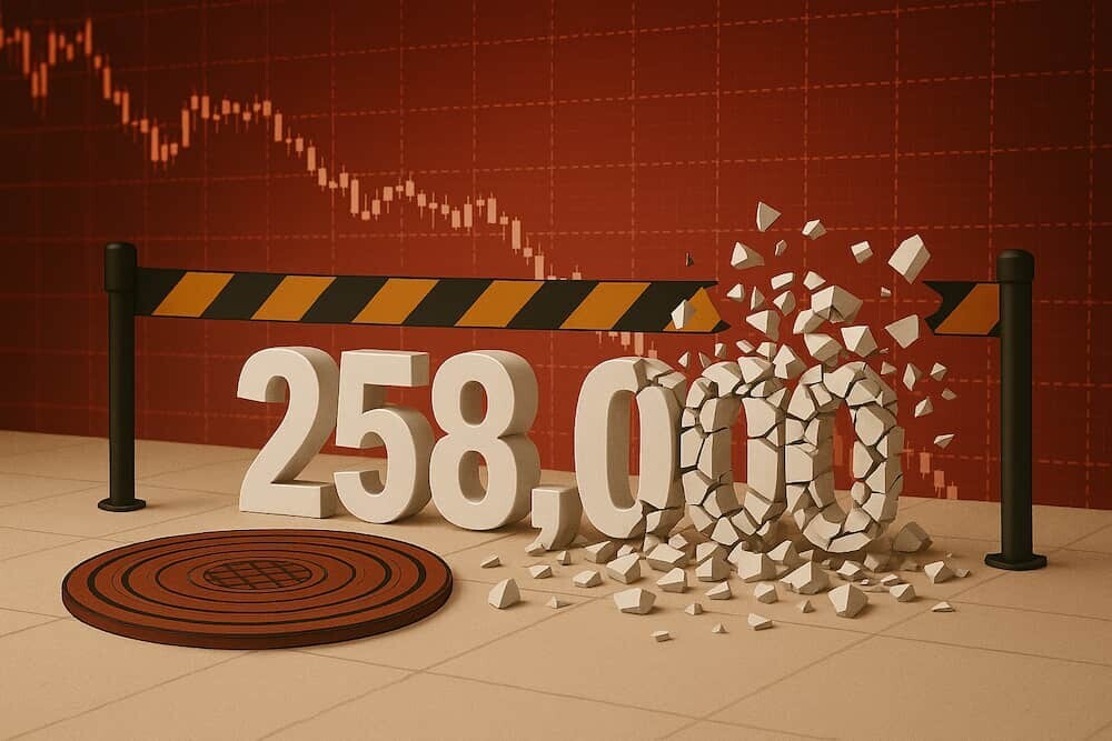「258,000」と書かれた数字がバラバラに崩れていくCGイメージと、背景に急落する為替チャート