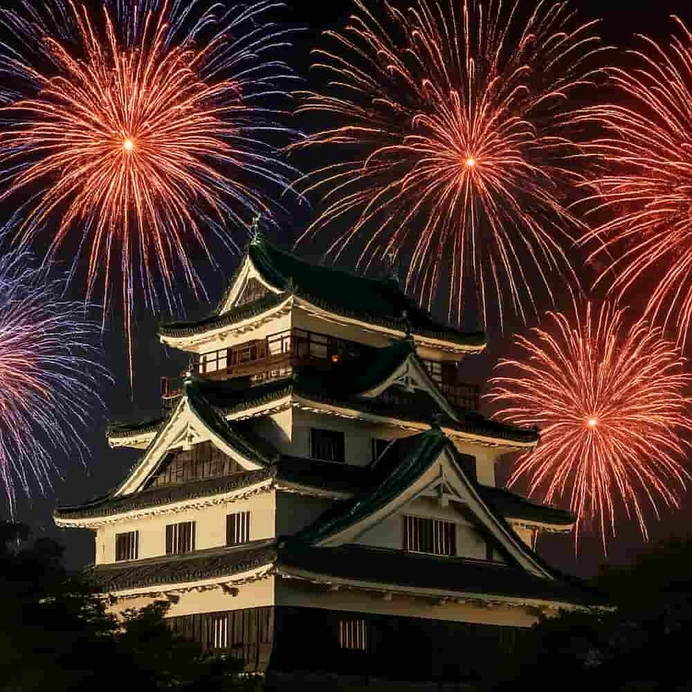岡崎城を背景に打ちあがる豪華絢爛な花火