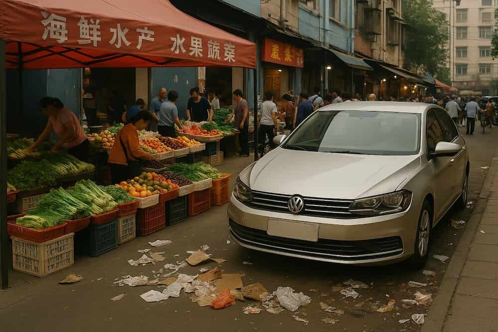 活気あふれる中国朝市の様子と、そのすぐそばに違法駐車された車や散乱するゴミが対照的に写っている風景 イメージ