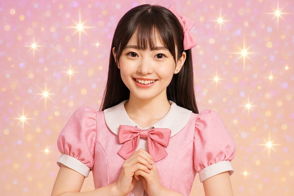ピンクを基調としたアイドル風の少女、清純で親しみやすい笑顔、キラキラした背景