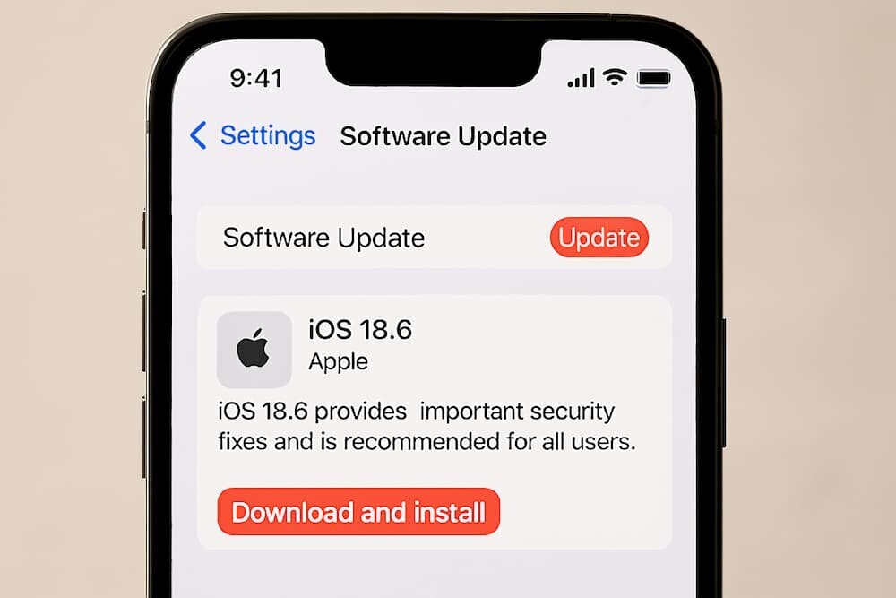 : iPhoneの設定画面でiOS 18.6アップデート通知が表示されている様子、緊急性を表す赤いアクセント付き