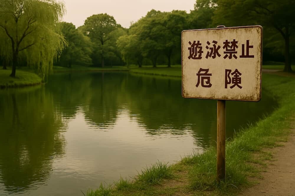 静かで穏やかに見える公園の池、しかしその隅に「遊泳禁止」や「危険」を示す古い看板が立っている様子 イメージ