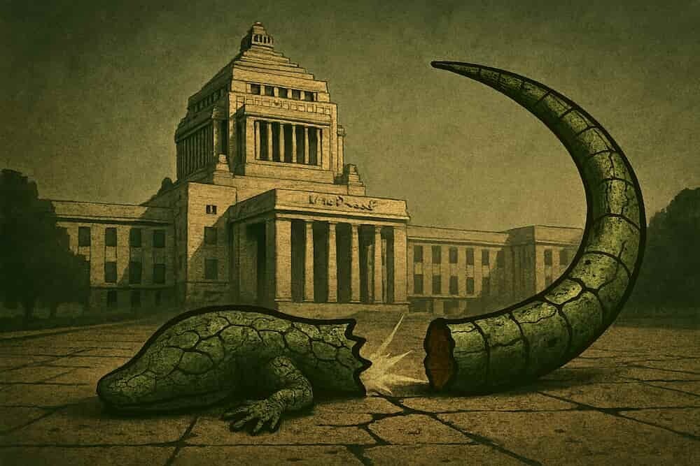 国会議事堂を背景に、手前で割れたトカゲの尻尾が転がっている風刺的なイラスト