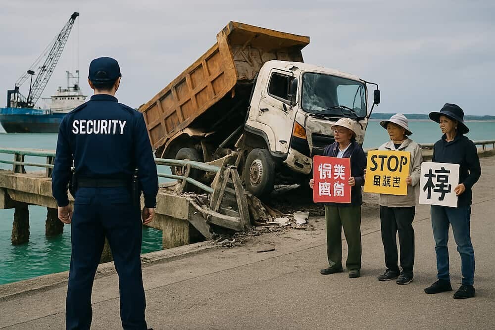 辺野古ダンプ事故現場の安和桟橋と警備員・抗議者のイメージ