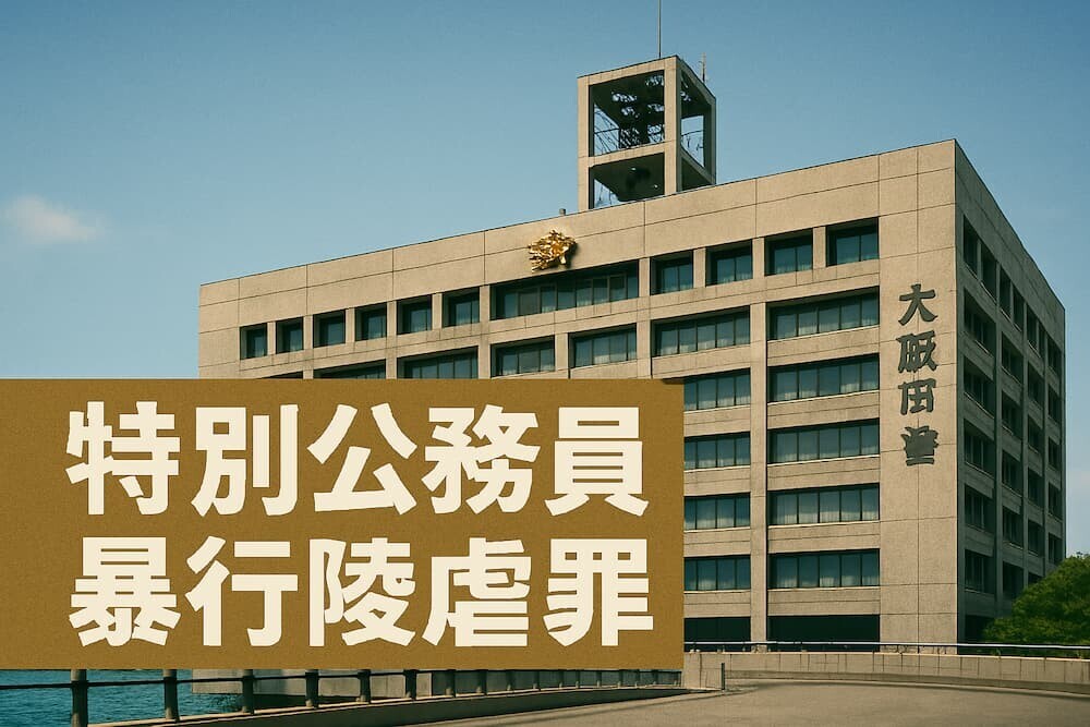 大阪府警本部の建物と「特別公務員暴行陵虐罪」の文字が入った解説図