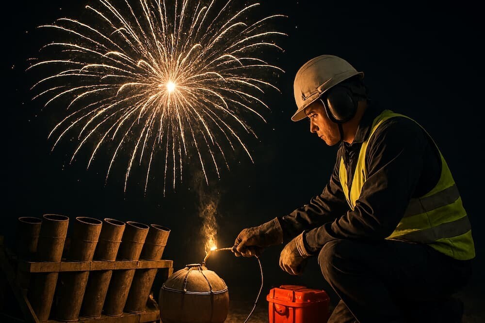 夜空に打ち上がる花火と安全対策のイメージ(花火師の作業風景など)