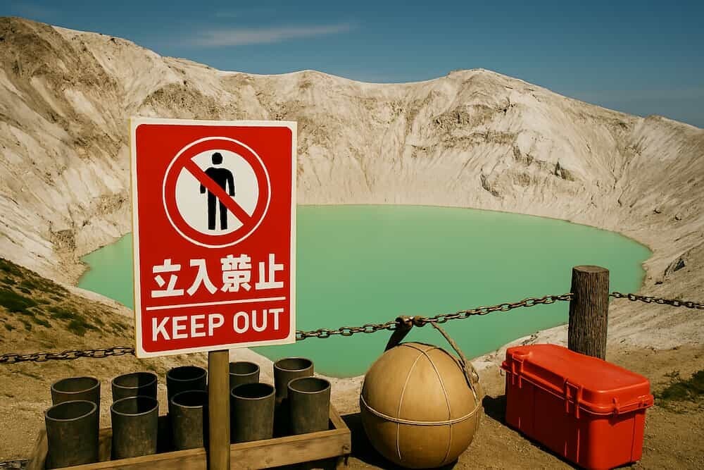 草津白根山湯釜のエメラルドグリーンの火口湖と白い山肌のコントラスト、規制看板も含む現在の様子 イメージです