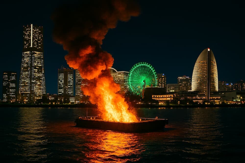 みなとみらいの夜景を背景に、海上の台船からオレンジ色の炎と煙が上がっている様子