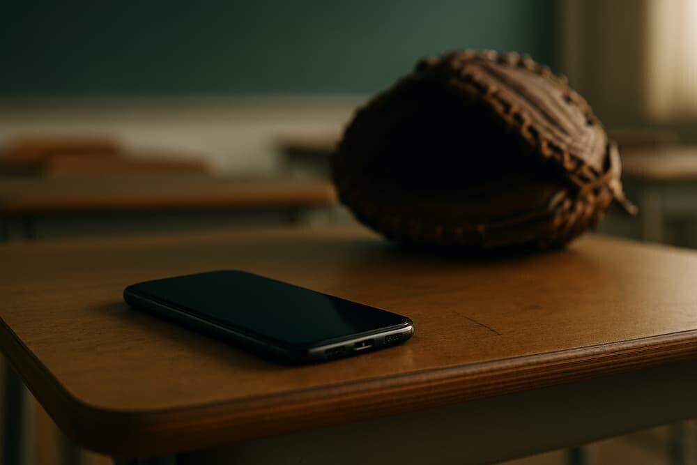 教室の机の上に置かれたスマートフォンと、その奥にぼんやりと見える野球のグローブ。対立する二つの要素を一枚に収めたイメージ